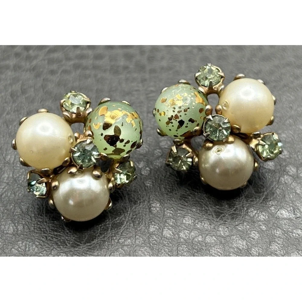 Vintage Faux Pearl Speckled Green Bead Rhinestone Cluster Clip On Earrings